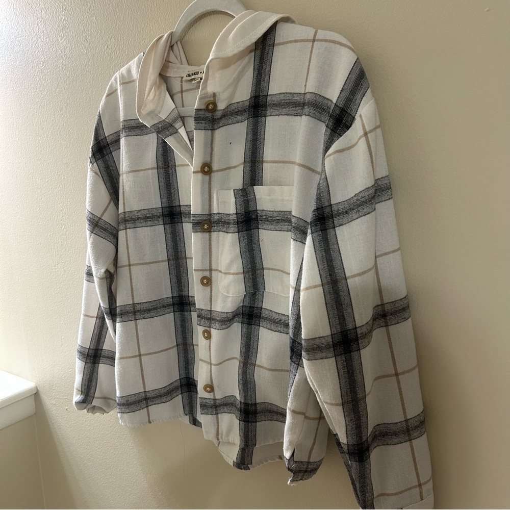Checkered Button-Down Shirt with Hood- Black, White, and Tan